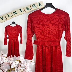 Vintage 90s Belted‎ Red Dress Womens Size 12 Midi Retro Y2K Scoop Neck
